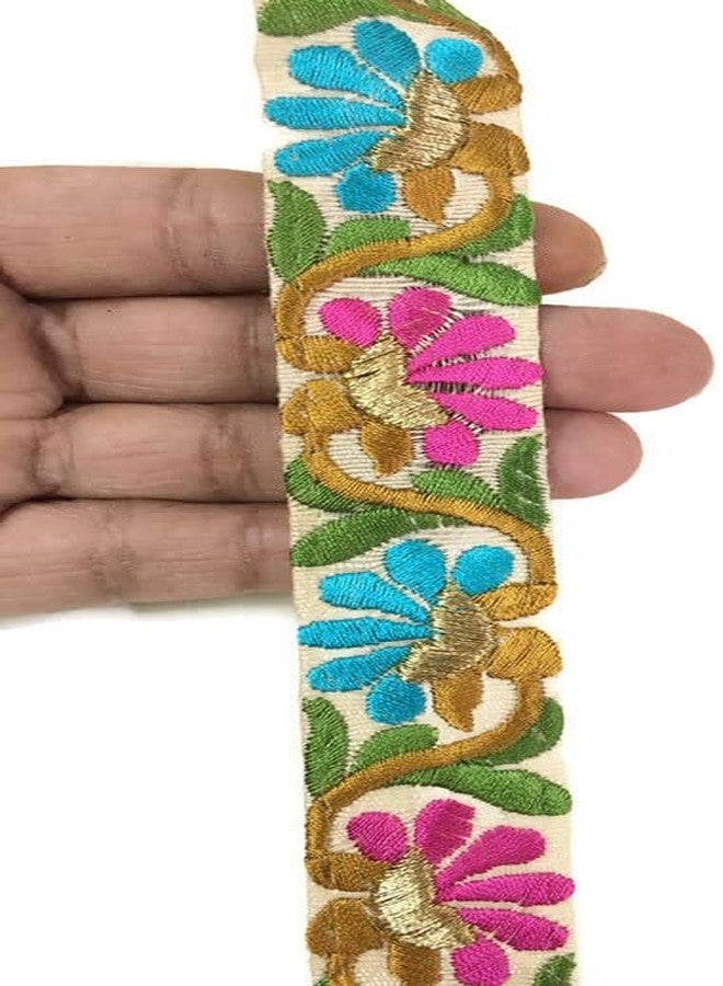 DaSync Sync Lace Border Materials Embroidered Embroidery Golden Sari Saree Blouse Dress Gown Decoration 9 Metre (Pink Blue) - Image 2